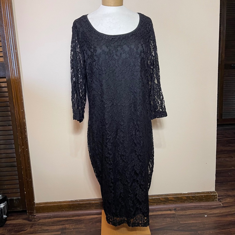 Yummy Plus Black Lace Overlay Midi Dress 3X USA Scoop Neck 3/4 Sleeve YD-771
